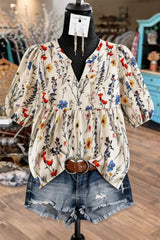 Plus Size Floral Print Notched Neck Boho Casual Summe Blouse
