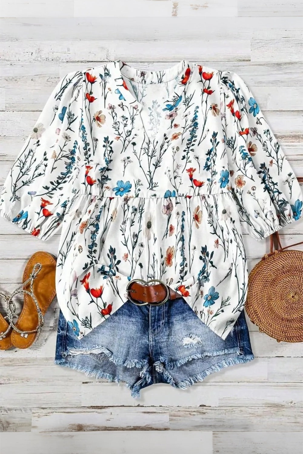 Plus Size Floral Print Notched Neck Boho Casual Summe Blouse
