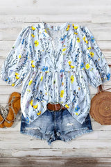 Plus Size Floral Print Notched Neck Boho Casual Summe Blouse