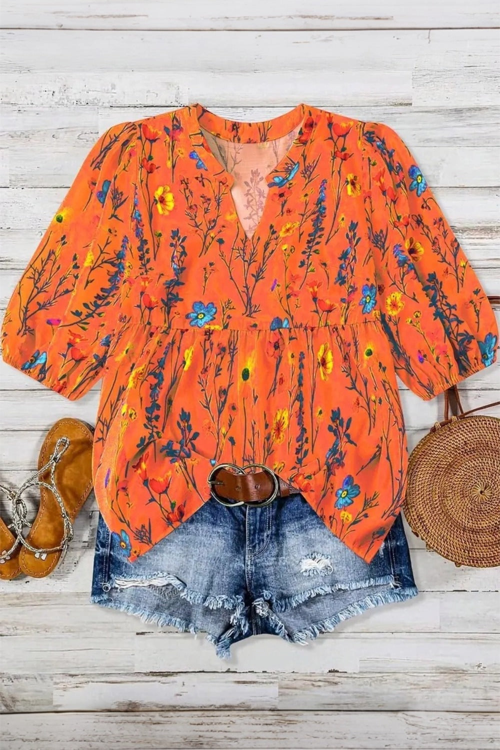 Plus Size Floral Print Notched Neck Boho Casual Summe Blouse