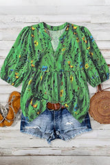 Plus Size Floral Print Notched Neck Boho Casual Summe Blouse