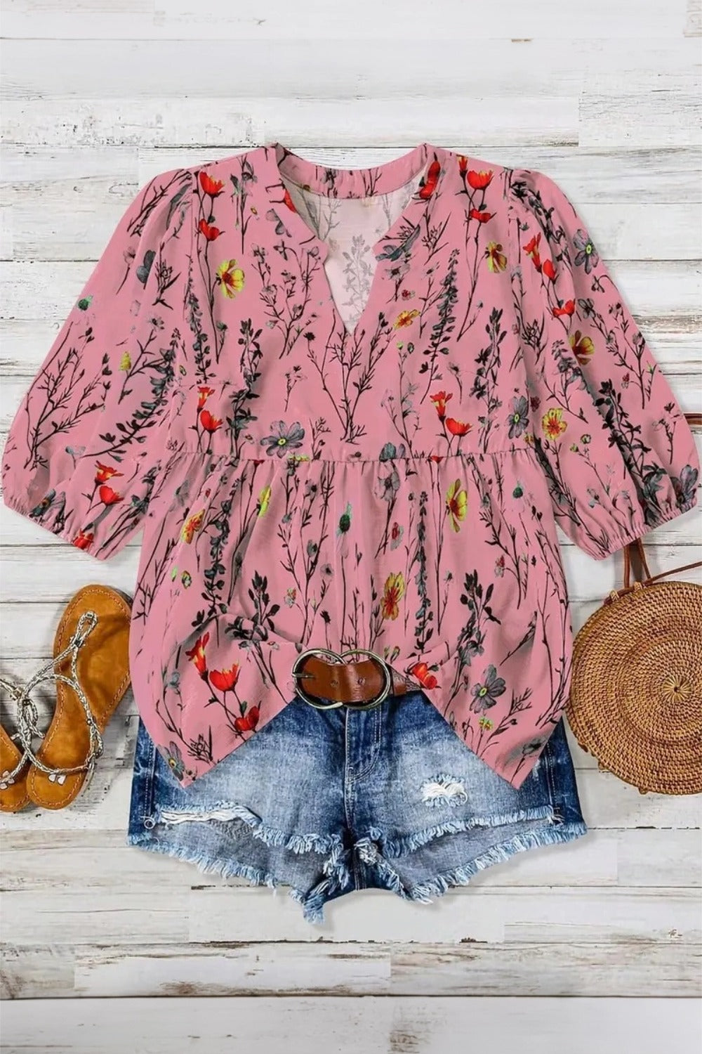 Plus Size Floral Print Notched Neck Boho Casual Summe Blouse