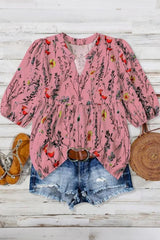 Plus Size Floral Print Notched Neck Boho Casual Summe Blouse