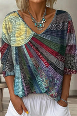 Casual Gray Print V-neck Long Sleeve Loose Tops