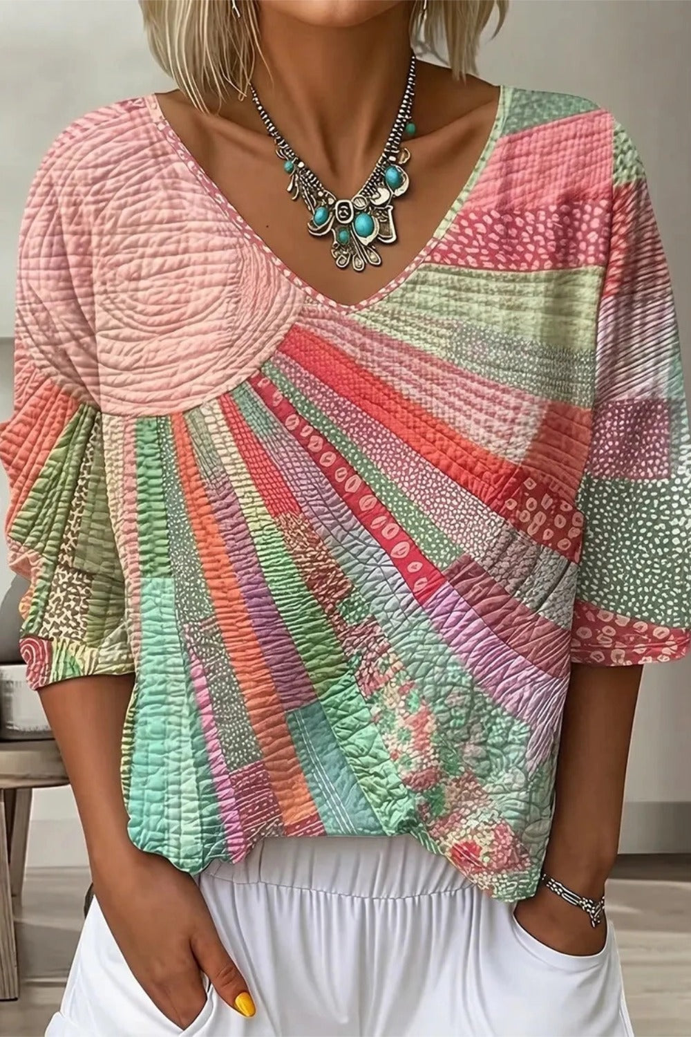 Casual Pink Print V-neck Long Sleeve Loose Tops