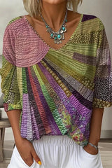 Casual Purple Print V-neck Long Sleeve Loose Tops