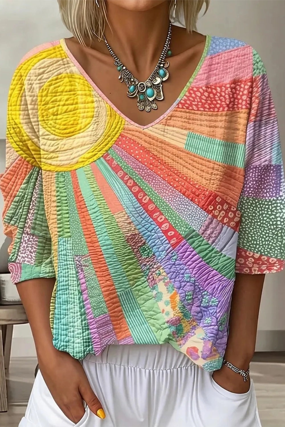 Casual Yellow Print V-neck Long Sleeve Loose Tops