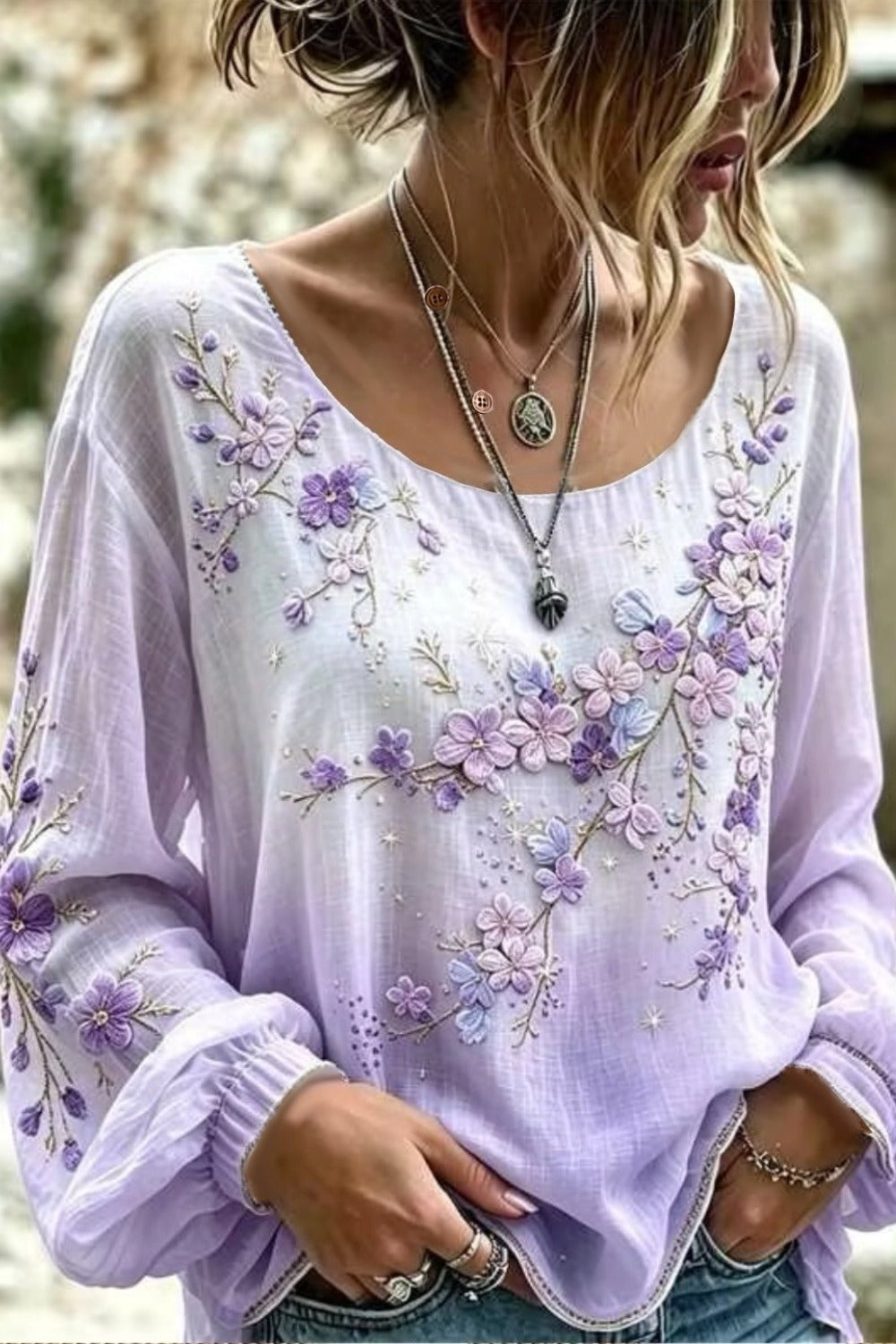 Crew Neck Long Sleeve Floral Printing Lightweight Micro-Elasticity Loose Blouse For Women