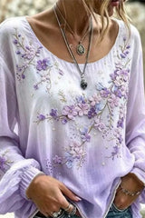 Crew Neck Long Sleeve Floral Printing Lightweight Micro-Elasticity Loose Blouse For Women