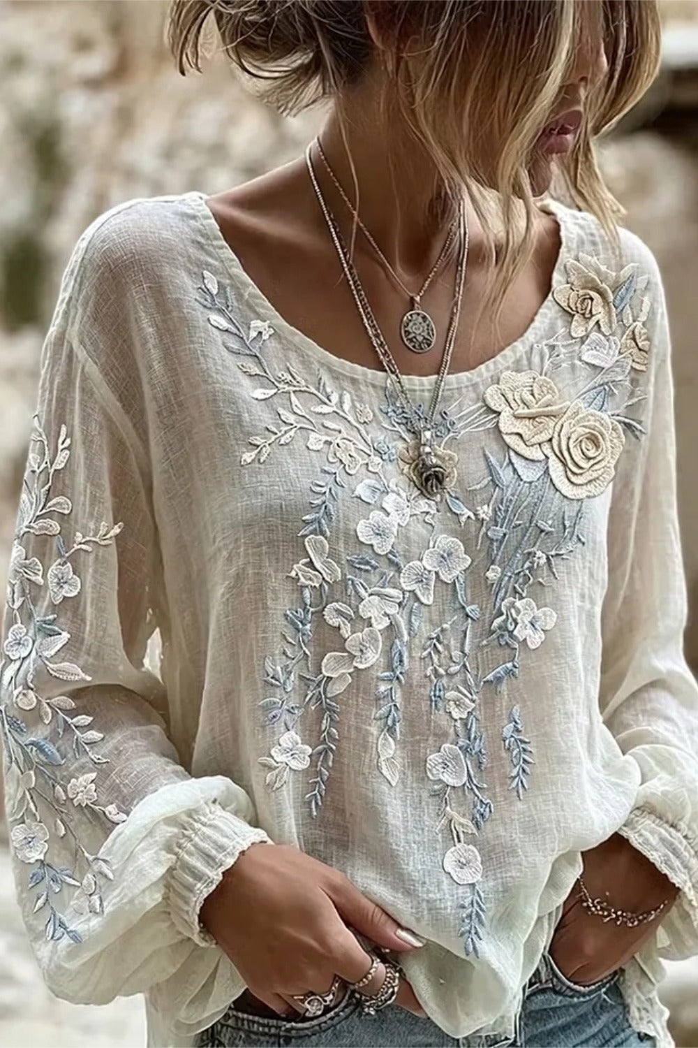 Crew Neck Long Sleeve Floral Regular Micro-Elasticity Loose Blouse For Women