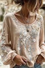 Crew Neck Long Sleeve Floral Regular Micro-Elasticity Loose Blouse For Women
