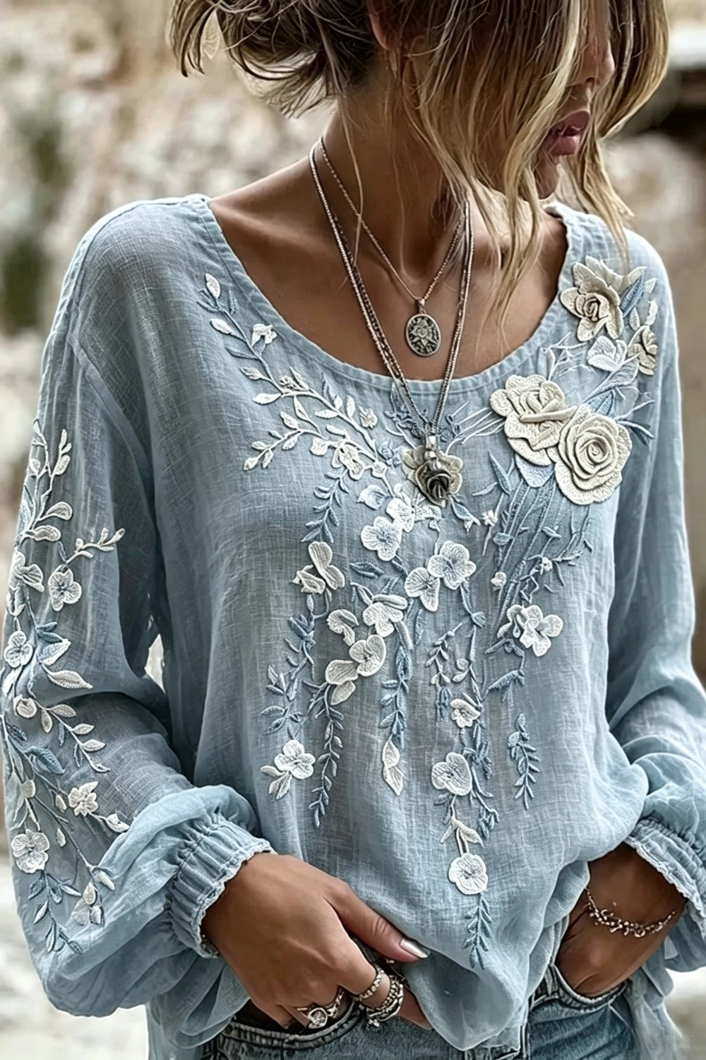 Crew Neck Long Sleeve Floral Regular Micro-Elasticity Loose Blouse For Women