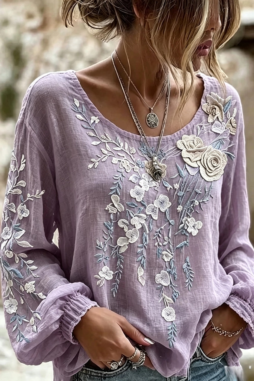 Crew Neck Long Sleeve Floral Regular Micro-Elasticity Loose Blouse For Women