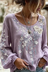 Crew Neck Long Sleeve Floral Regular Micro-Elasticity Loose Blouse For Women