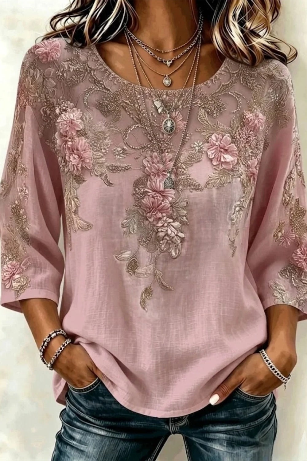 Crew Neck Three Quarter Sleeve 3D Printing Regular Loose Blouse For Women