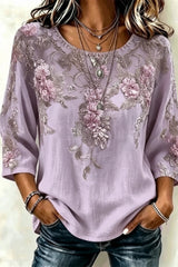 Crew Neck Three Quarter Sleeve 3D Printing Regular Loose Blouse For Women