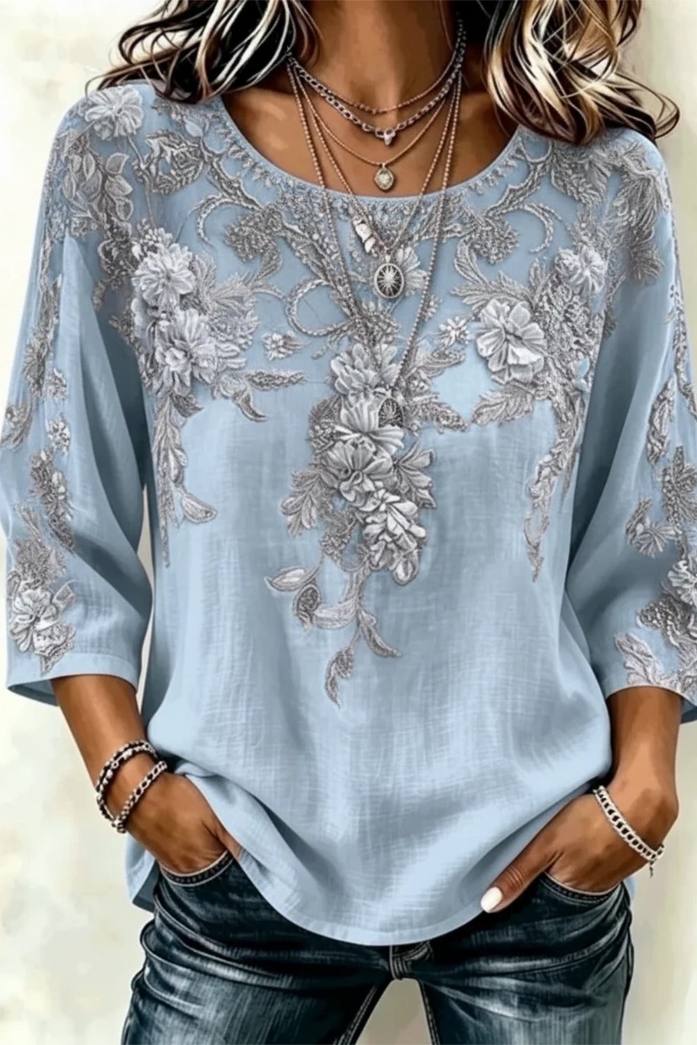 Crew Neck Three Quarter Sleeve 3D Printing Regular Loose Blouse For Women