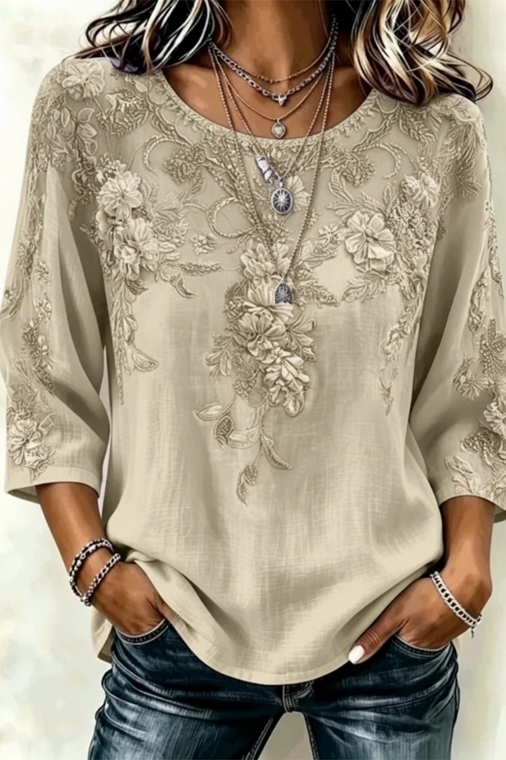 Crew Neck Three Quarter Sleeve 3D Printing Regular Loose Blouse For Women