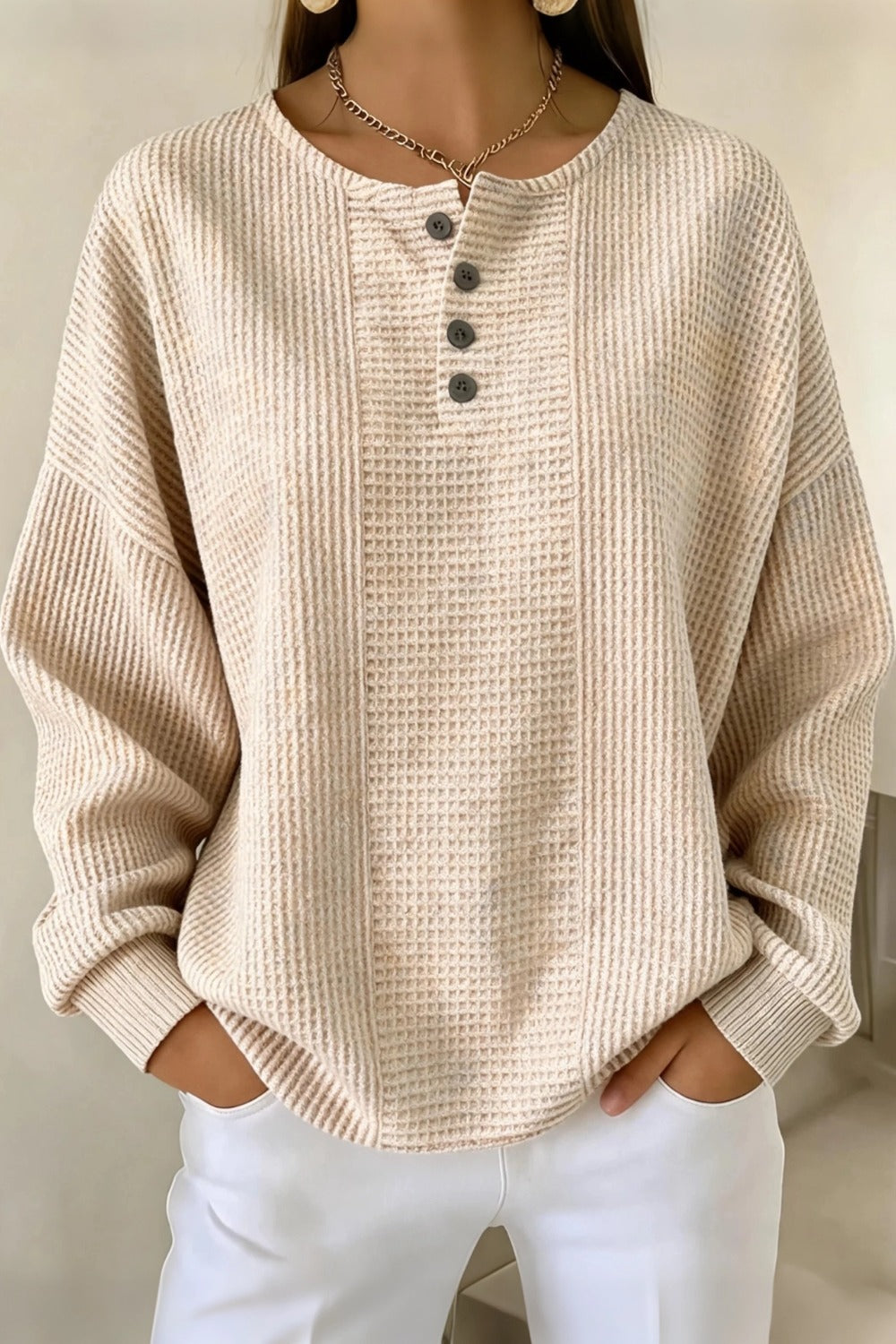 Casual Striped Waffle Sweatshirt