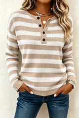 Casual Striped Henley Collar Long Sleeve Sweater