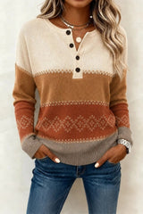 Casual Geometric Henley Collar Long Sleeve Sweater