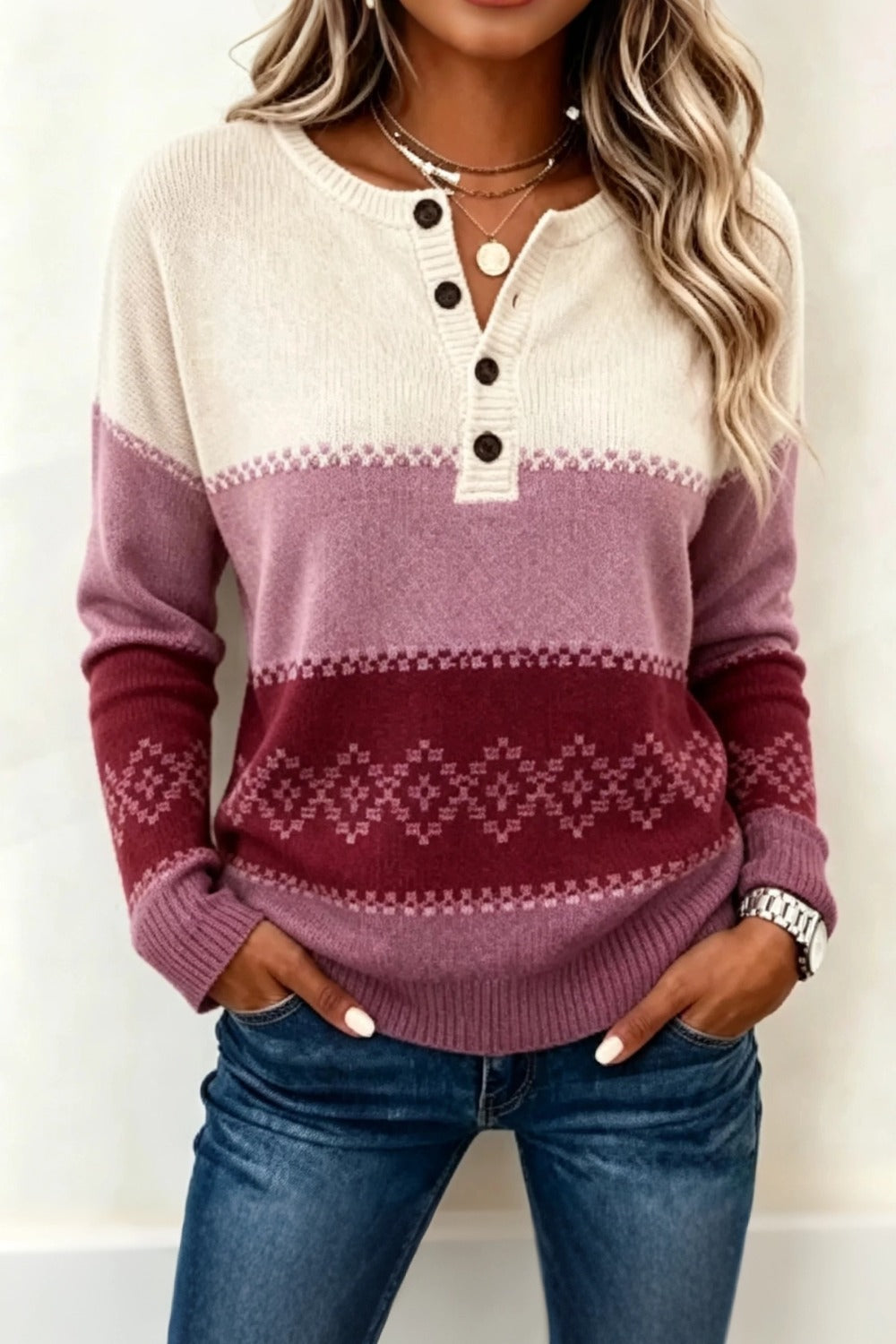 Casual Geometric Henley Collar Long Sleeve Sweater
