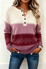Casual Geometric Henley Collar Long Sleeve Sweater