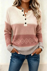 Casual Geometric Henley Collar Long Sleeve Sweater