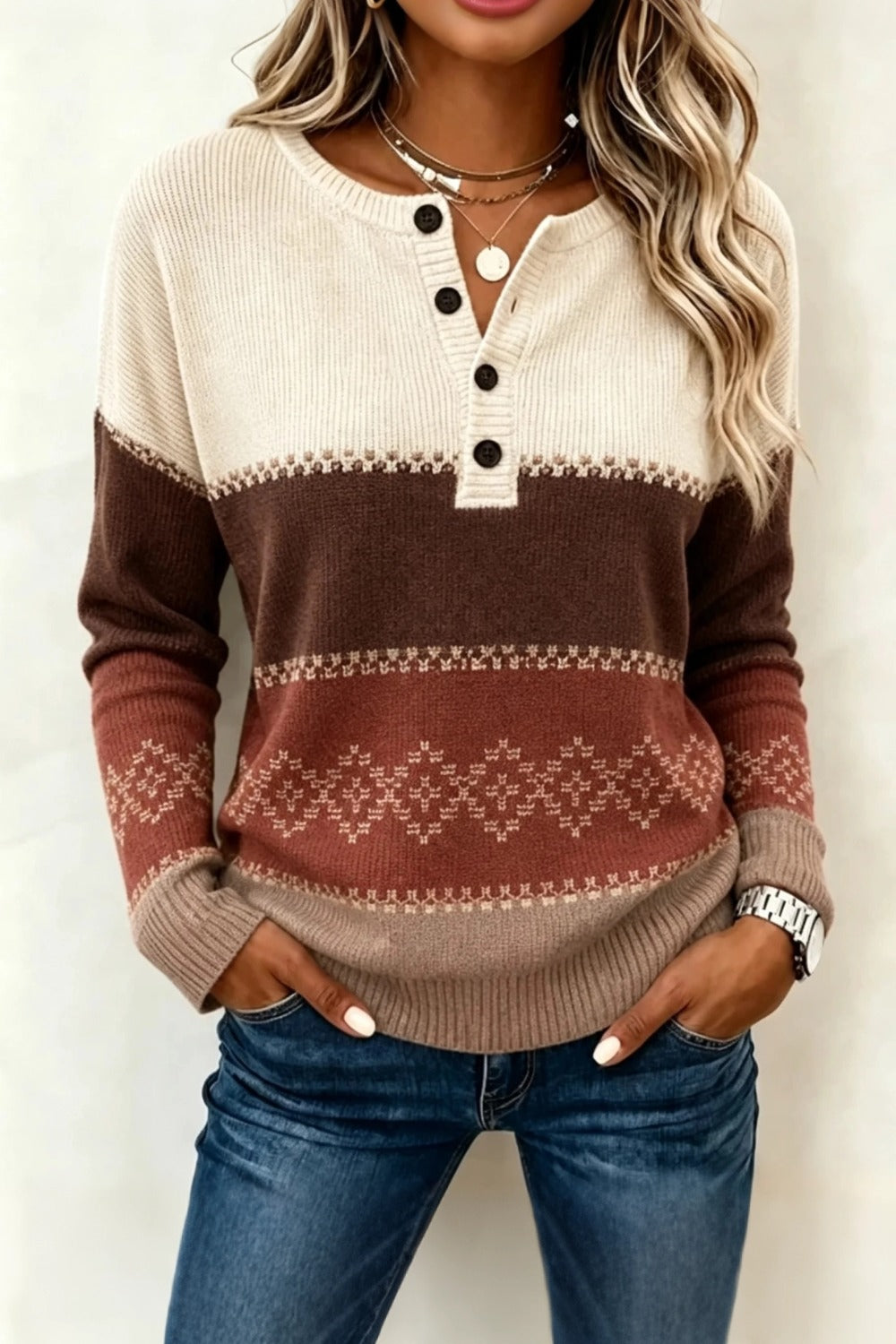 Casual Geometric Henley Collar Long Sleeve Sweater