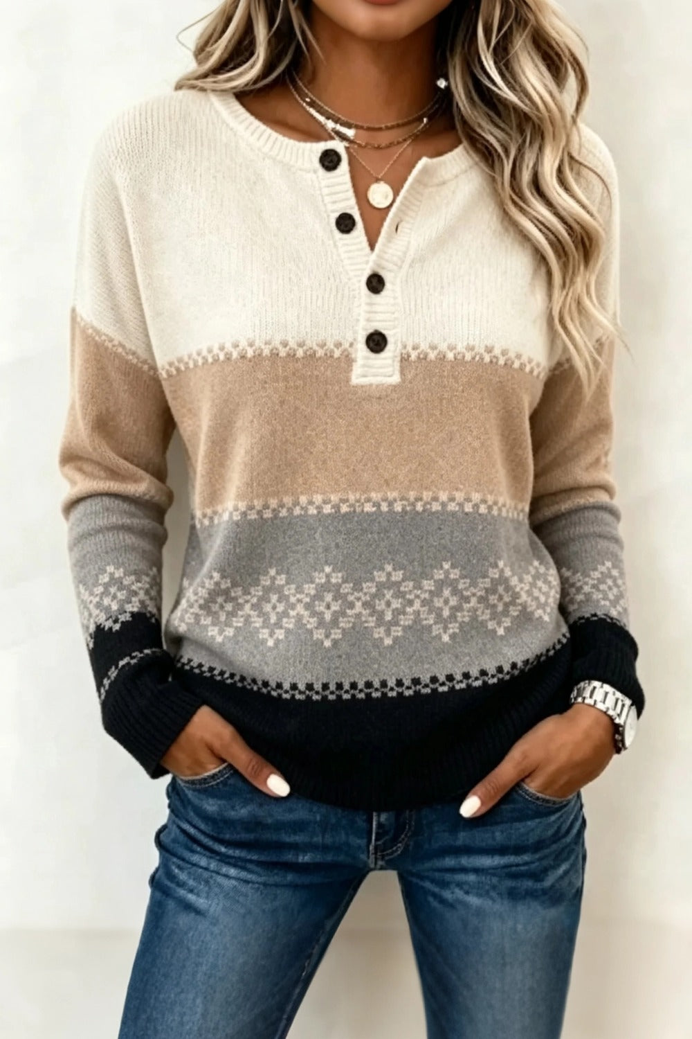 Casual Geometric Henley Collar Long Sleeve Sweater