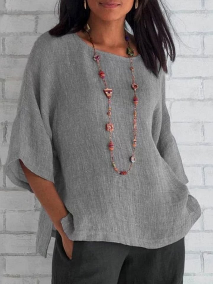 Crewneck Cotton and Linen Shirt Top