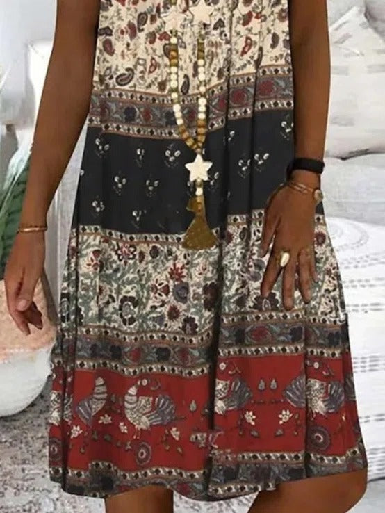 Ethnic Print Patchwork V-neck Sleeveless Midi Dress