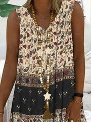 Ethnic Print Patchwork V-neck Sleeveless Midi Dress