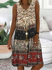 Ethnic Print Patchwork V-neck Sleeveless Midi Dress