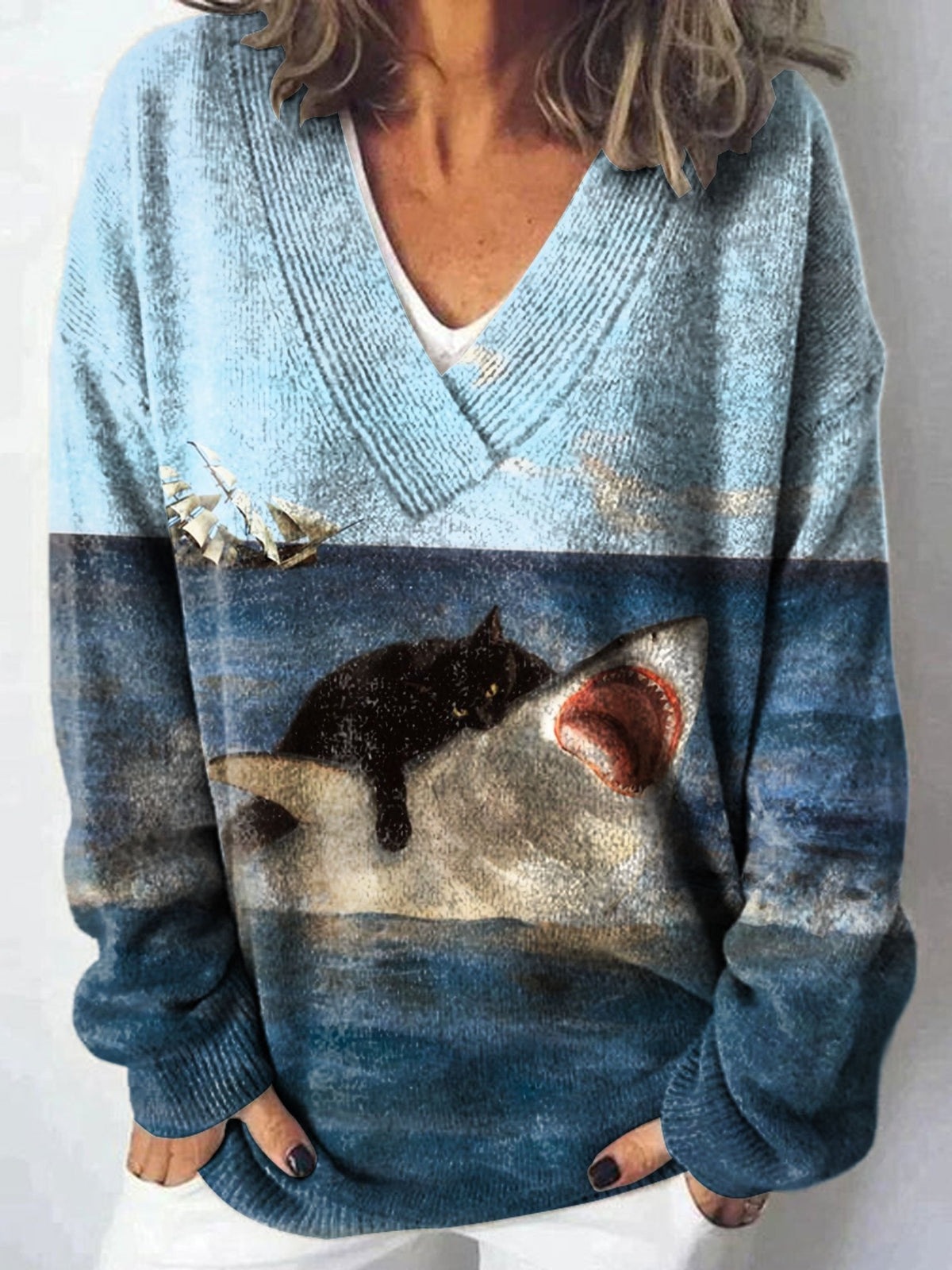 Funny Cat Bite Shark Art Print Knit V-neck Pullover Sweater