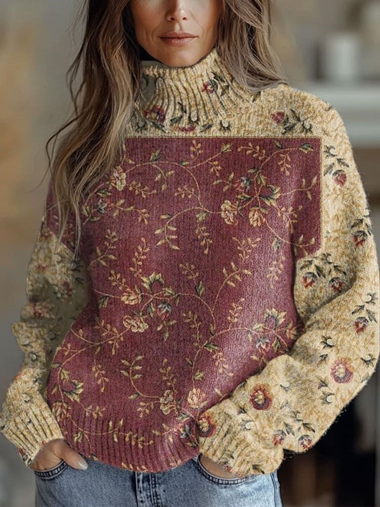 Flowers Art Print Knit Turtleneck Pullover Sweater RM013