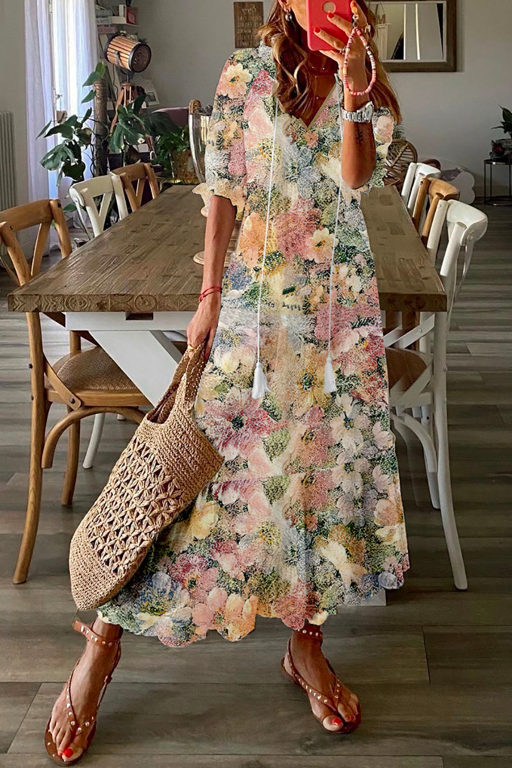 Half Sleeve Floral Loose V Neck Casual Maxi Dress