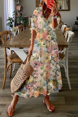 Half Sleeve Floral Loose V Neck Casual Maxi Dress
