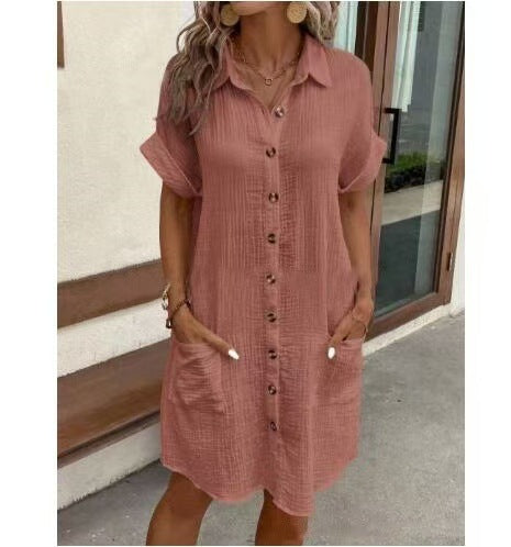 Casual solid color cotton linen button-down long short sleeve loose shirt dress