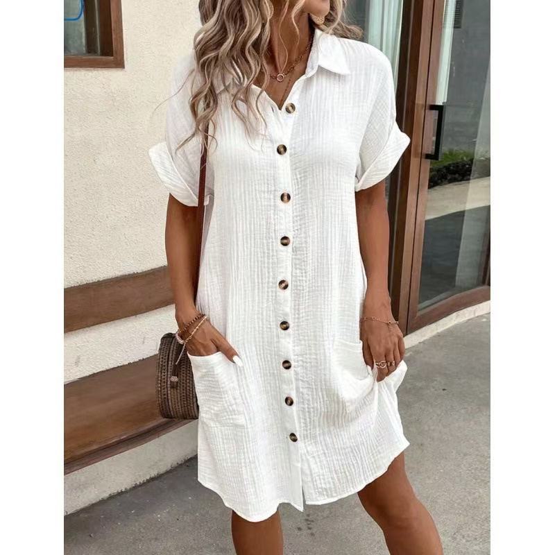 Casual solid color cotton linen button-down long short sleeve loose shirt dress