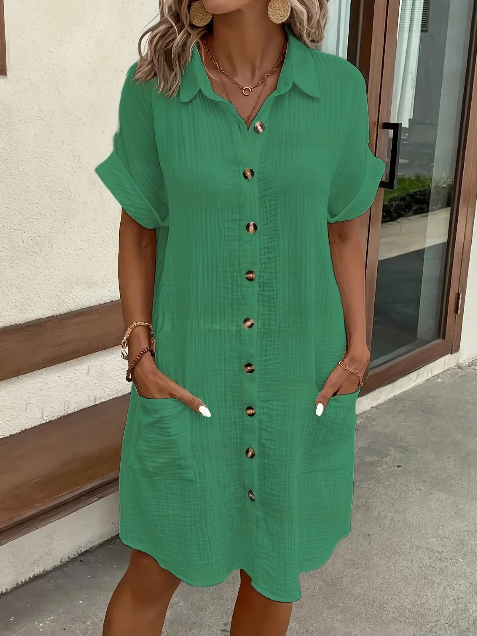 Casual solid color cotton linen button-down long short sleeve loose shirt dress