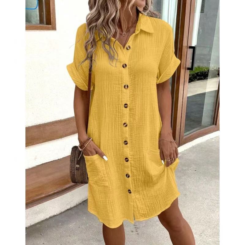 Casual solid color cotton linen button-down long short sleeve loose shirt dress