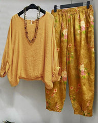 Floral Print Loose 3/4 Sleeves Two Piece Suit