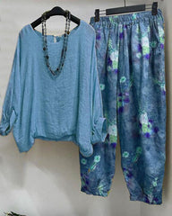 Floral Print Loose 3/4 Sleeves Two Piece Suit