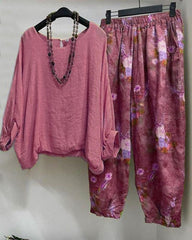 Floral Print Loose 3/4 Sleeves Two Piece Suit