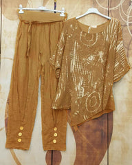 Abstract Print Irregular Hem Half Sleeves Two Piece Suit