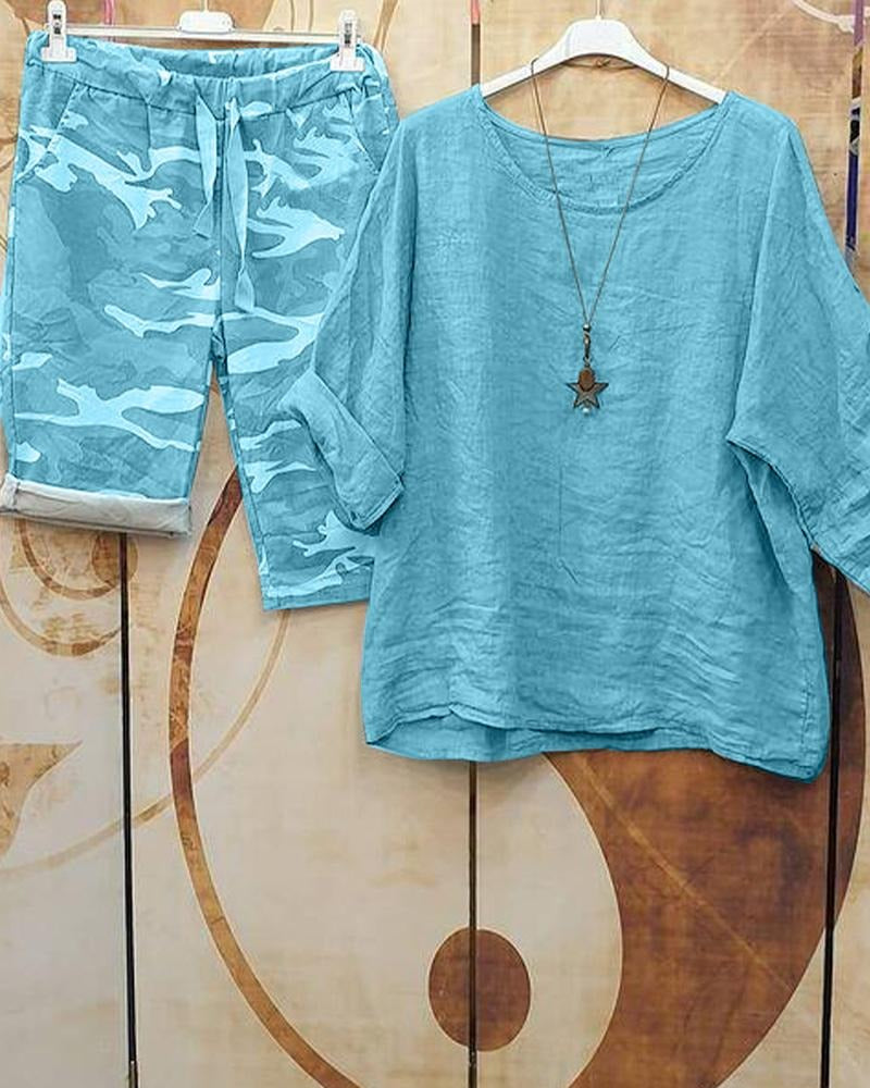 Camouflage Casual Summer Half Sleeves Two Piece Suit